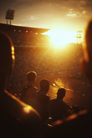 Spectators observe sprinters during a championship race at sunset. The image captures golden tones and lens flare, creating a sports documentary feel in a panoramic stadium setting.の素材