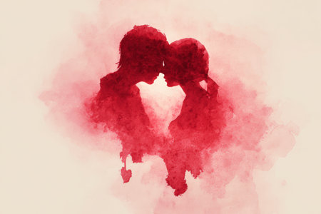 Abstract watercolor art depicting a couple's silhouette in red, forming a heart shape. The soft lighting enhances the romantic and love-themed concept of the image.の素材