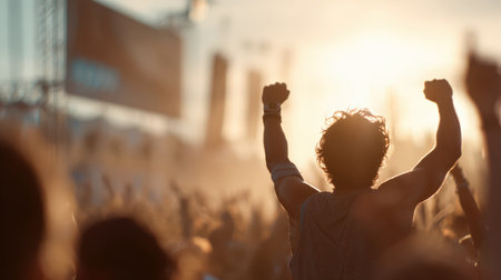 Fans jump with excitement as a runner triumphantly crosses the finish line. The intense sunlight and shallow focus capture the emotional realism of this cinematic moment.の素材