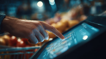 A close-up of a hand pressing a button on a digital self-service checkout screen in a grocery store. The scene features cinematic lighting and a detailed, realistic composition.の素材