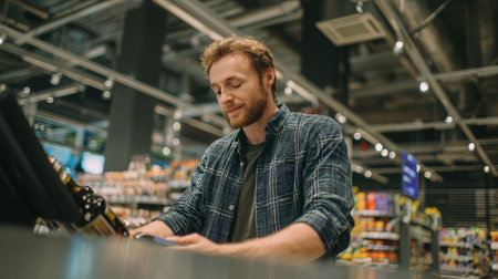 A man scans a bottle at a self-checkout counter in a modern supermarket. The digital screen and barcode scanner glow, creating a contemporary shopping atmosphere.の素材