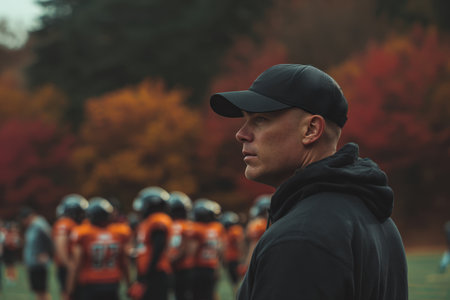 A football coach in a black hoodie and cap watches his team practice. Players wear orange and black uniforms, with autumn trees providing a vibrant backdrop in a cinematic composition.の素材