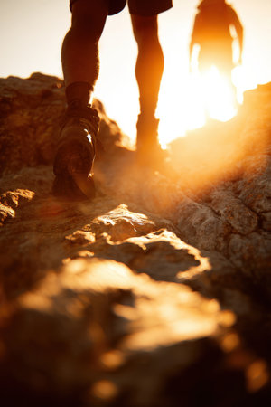 Close-up silhouette of hikers' legs on a rocky ridge with sunlight streaming behind. Captures cinematic motion and dynamic realism in a minimalist tone, highlighting adventure.の素材