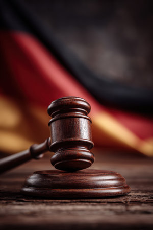 High-resolution close-up of a gavel on a wooden table with the German flag draped behind. Captured in soft ambient light, the image features neutral tones and symmetrical framing.の素材
