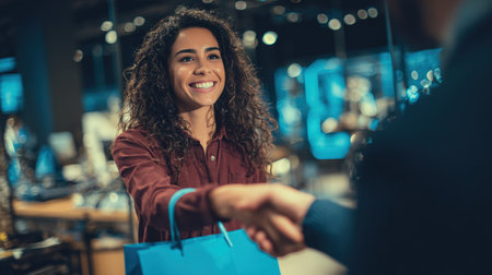 A cheerful woman in a burgundy blouse hands a blue shopping bag to a customer in a modern retail store. The scene is warmly lit, creating a cozy shopping atmosphere.の素材
