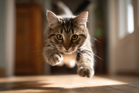 A dynamic image of a cat captured mid-leap across a hallway, showcasing its agility and focus. The scene is beautifully lit with soft natural lighting, freezing the action in time.の素材