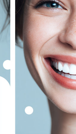 Close-up of a bright smile against a neutral background, ideal for dental advertisements. The clean composition offers ample space for branding and text, emphasizing oral health.の素材