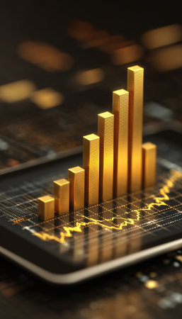 A cinematic photo-realistic image of a golden bar chart emerging from a tablet screen, symbolizing business growth and digital success in a modern technological context.の素材