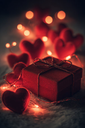 Luxurious romantic scene featuring a bow-tied gift box surrounded by heart decorations. Soft red lighting creates a cinematic, modern atmosphere perfect for Valentine's themes.の素材