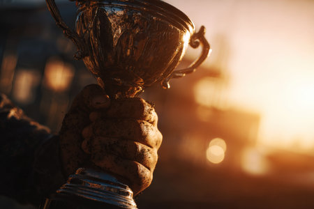 Macro shot of hands gripping a championship trophy, with gleaming metal reflecting sunlight. Warm tones and cinematic energy capture the essence of victory and celebration.の素材