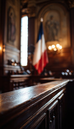 Close-up of a courtroom interior featuring a wooden surface illuminated by a French flag lighting effect. The shallow focus enhances the elegant legal aesthetic.の素材