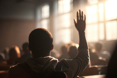 A student raises their hand during a university lecture, bathed in warm afternoon light streaming through a window, creating a cinematic and calm academic atmosphere.の素材