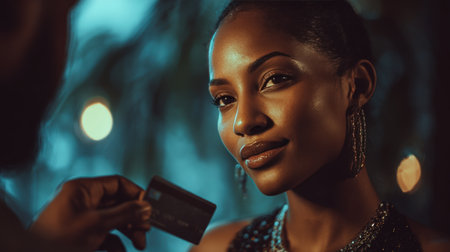 An African woman with smooth dark skin accepts a payment card in a boutique store. The image features elegant lighting and a warm, cinematic tone, capturing a lifestyle retail moment.の素材