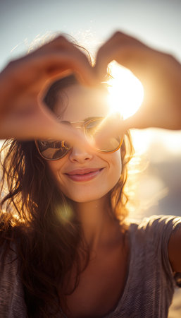 A joyful woman forms a heart shape with her hands, capturing sunlight in a lens flare. The beach setting and warm tones create a positive and cinematic atmosphere.の素材