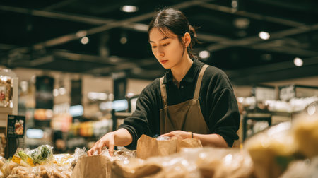 An East Asian woman cashier efficiently packs groceries into paper bags under sleek modern lighting in a supermarket. The image captures a tidy and organized retail environment.の素材