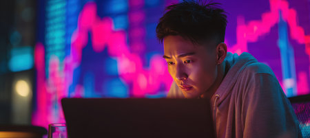 A young Asian entrepreneur intensely studies a stock market drop on a laptop. The modern office is illuminated by vibrant neon financial graphics, creating a dramatic tech-inspired setting.の素材