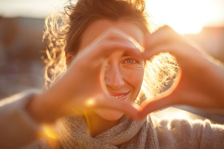 A joyful woman smiles through heart-shaped hands against a sunlit background, creating a warm, glowing ambiance. The light reflections enhance the cozy lifestyle tone.の素材