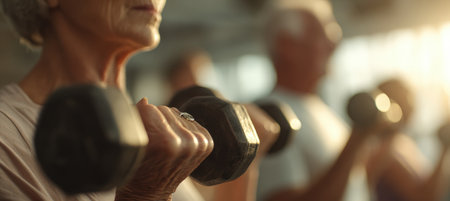 Elderly individuals participate in strength training by lifting dumbbells, promoting active aging. The image features a warm, positive color palette and a health-focused tone.の素材