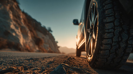 Low-angle shot of a vehicle tire dominating the frame, with soft bokeh cliffs in the background during golden hour, creating a dramatic automotive atmosphere.の素材
