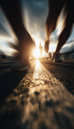 Ultra-realistic sports action photo capturing runners from a low angle. The golden sunlight and motion blur create a dramatic, cinematic effect, emphasizing speed and energy.の素材