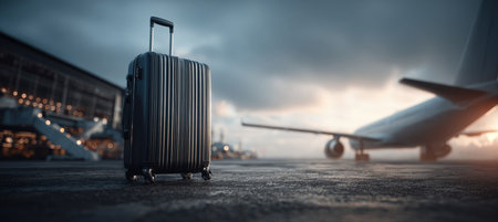 A lone suitcase stands near an aircraft on the tarmac, capturing the essence of travel and adventure. The cinematic atmosphere and clear sky enhance the sense of journey and exploration.の素材