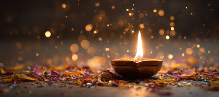 A close-up of a Diwali oil lamp with a softly glowing flame, surrounded by scattered flower petals and confetti. The image captures warm golden tones, creating a minimalist festive atmosphere.の素材