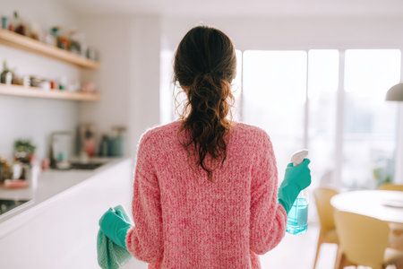 A woman in a pink sweater and teal cleaning gloves stands in a bright, minimalist kitchen, holding a spray bottle and cloth, ready to clean. The interior is modern and white.の素材