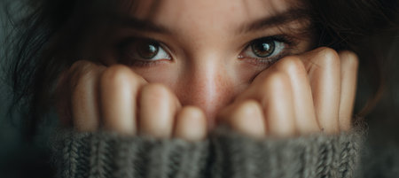 Macro-inspired close-up of a woman's hands against her face, surrounded by blurred soft fabric textures. The image features muted emotional indoor lighting, creating a minimalistic mood.の素材