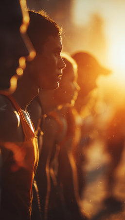 A team of runners focuses intensely as they prepare to start a race. Captured in warm morning light with cinematic lens flare, this side perspective shot conveys anticipation.の素材