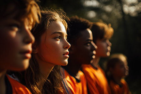 A diverse group of children in orange sportswear share a bonding moment before a match. Sunlight filters through trees, creating a warm, cozy afternoon atmosphere.の素材
