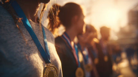 A group of athletes joyfully display their medals after a competition, basking in golden sunlight. The blurred background and cinematic tone enhance the emotional energy of the moment.の素材