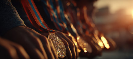 A row of medals shines in the sunlight, held by athletes' hands. The image features a warm, cinematic color palette, detailed reflections, and a sense of unity and achievement.の素材