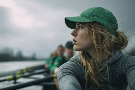 A young female coxswain in a green cap leads her rowing team in synchronized motion under cloudy skies. Captured in a dynamic tracking shot, showcasing documentary sports realism.の素材
