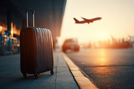A close-up of a suitcase on an airport curb with an airplane taking off in the background. The scene is illuminated by cinematic morning light, evoking a sense of adventure.の素材