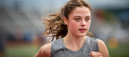 A teenage girl sprints with determination during a track meet. Her hair flows in motion against a softly blurred stadium background, captured in crisp natural lighting.の素材