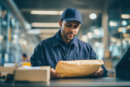 Courier employee in navy uniform scans a padded envelope at a modern delivery station. Bright, functional lighting highlights the scene, capturing the essence of documentary realism.の素材