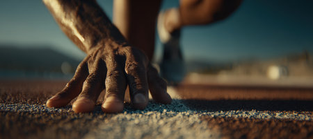 Macro shot capturing an athlete's hand brushing against a lane line during a run. The image highlights the texture and detail, set in a cinematic golden light, symbolizing sports intensity.の素材