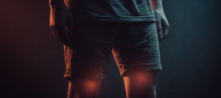 Cinematic medical photograph depicting a man in shorts with glowing knees symbolizing pain. The image features anatomical realism and a dark, moody atmosphere.の素材