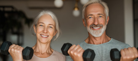A joyful gray-haired couple holds weights, promoting fitness and health. The image features warm tones and a clean, cinematic background, emphasizing a positive lifestyle.の素材
