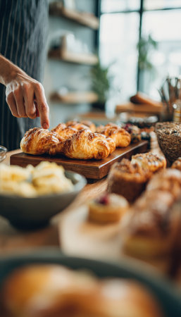 A person gestures towards whole foods, indicating a preference over pastries in a bright, modern kitchen setting. The image highlights healthy eating choices and lifestyle.の素材