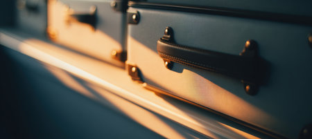 Close-up image of suitcase handles illuminated by natural window light, showcasing cinematic minimalism and design realism. Perfect for themes of travel and preparation.の素材