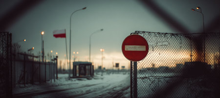 Panoramic image featuring a sharp no-entry sign in the foreground with a blurred Belarusian flag behind a mesh fence. The scene is set in cold lighting, creating an editorial depth.の素材