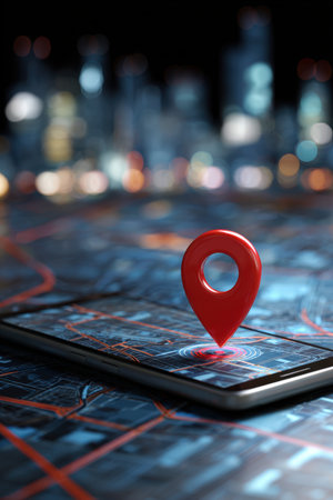 A smartphone displaying a digital map with a prominent red map pin, symbolizing a destination, set against a blurred cityscape. The scene conveys a futuristic navigation concept.の素材