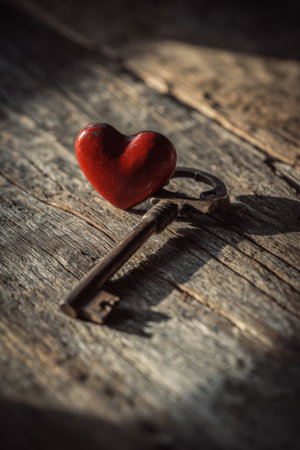 An artistic still life featuring a key unlocking a red heart on rustic wood. The dramatic lighting enhances the love symbolism, creating a cinematic and emotional atmosphere.の素材