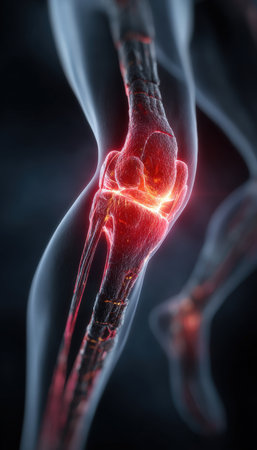 Cinematic close-up of a glowing joint inside a leg, emphasizing cartilage pain and inflammation. The image showcases sharp realism in a health concept style.の素材