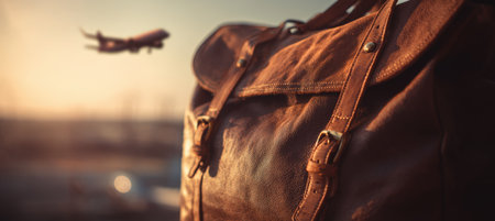 Elegant close-up of a travel bag with an airplane in soft focus in the background. The image features a cinematic golden tone and high realism, showcasing minimal photography style.の素材