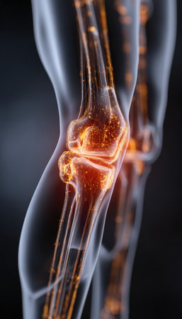 Cinematic close-up of a glowing joint inside a leg, illustrating cartilage pain and inflammation with sharp realism. The image emphasizes health concepts in a dramatic style.の素材