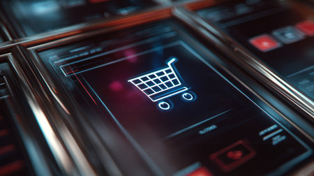 Cinematic image of a digital checkout screen in an automated store, featuring a glowing shopping cart logo. The scene is enhanced by metallic tones and LED illumination, creating a futuristic ambianceの素材