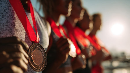 A row of athletes proudly display their medals with red ribbons shining under the sun, capturing a joyful celebration in a cinematic sports documentary style.の素材