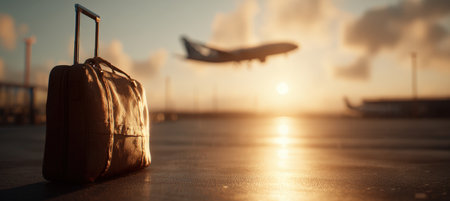A single piece of luggage is illuminated by golden sunlight with an aircraft silhouette in the background, creating a cinematic and minimalist travel moment at sunset.の素材